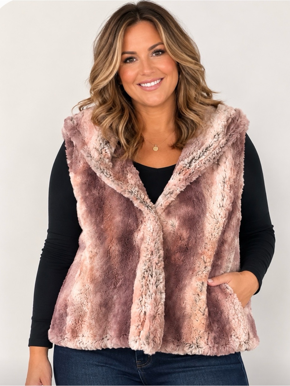 Kate Rosy Plush Faux Fur Vest Petite Large Like New Winter Fall Transitional